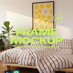 May include: A bedroom scene featuring a wooden bed frame with striped bedding in white and brown. A framed poster with yellow flower illustrations and the text "THERE IS ALWAYS HOPE" hangs on the wall. A green plant is visible.