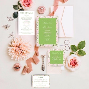 Pink and Green Floral Wedding Suite | Pink and Green Floral Wedding Invitation Bundle | Pink and Green Block Print Wedding Invitation Suite