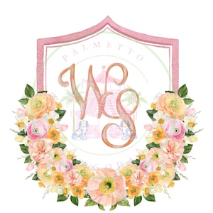 May include: A watercolour floral design featuring the letters "WS" in a decorative font, encircled by a wreath of peach, yellow, and pink flowers. The design includes a pink shield shape with the word "PALMETTO" and a carousel illustration.