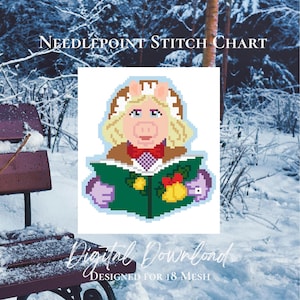May include: A needlepoint stitch chart digital download designed for 18 mesh featuring a pixelated illustration of a pig character with blonde hair wearing a brown coat and red bow tie, holding a green book decorated with yellow bells and holly.