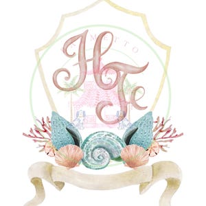 May include: A watercolour illustration with the letters "H" and "e" in coral, surrounded by seashells, coral, and a banner. The design includes a light pink pagoda and palm trees, set against a white background.