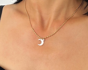 Moon Necklace, Crescent Moon Necklace Gold, Waterproof Chain Stainless Steel, Minimalist Shell Layering Necklace for Women, Gift for Her