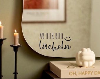 Spiegelsticker | Wandtattoo | Aufkleber Spiegel | Ab hier bitte lächeln :) | schwarz