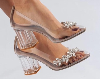 Princess Beige Transparent Flower Low Heeled Shoes. Special Design Shoes. Wedding Shoes. Cinderella Bridal Shoes, Swaroski Stone Heeled