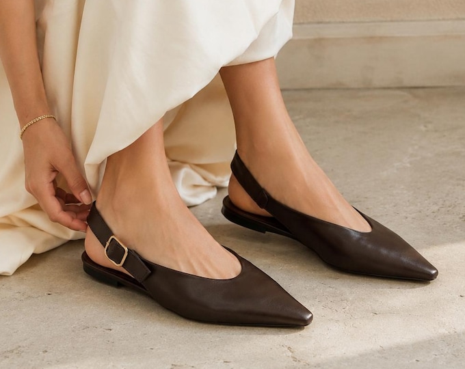 Brown Pointed Toe Slingback Flats, Minimalist Matte Dress Shoes, Buckle Strap Ballet Flats