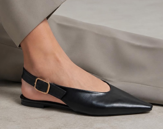 Black Pointed Toe Slingback Flats with Buckle Strap, Minimalist Matte Dress Shoes, Low Heel Ballet Flats, True to Size Work Shoes