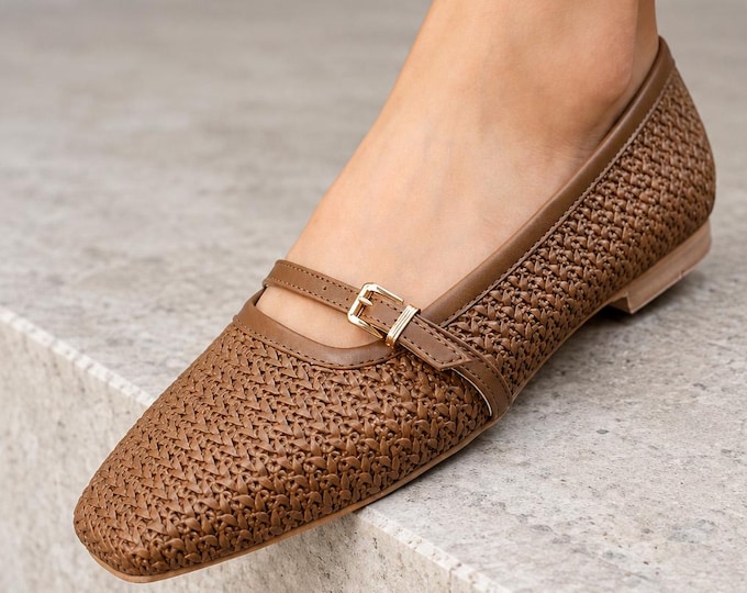 Woven Mary Jane Flats in Mink, Square Toe with Adjustable Buckle Strap