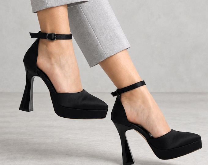 Satin Bridal Heels in Black, Pointed Toe Platform Pumps with Ankle Strap