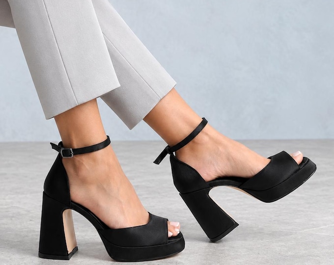 Wedding Guest Heels in Black, Satin Platforms with Buckled Ankle Straps