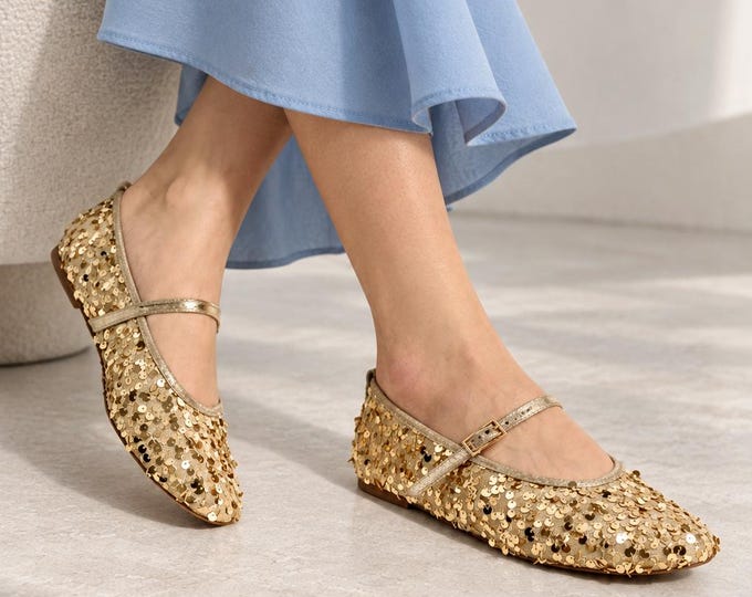 Sequin Mary Jane Flats in Gold with Adjustable Buckle Strap