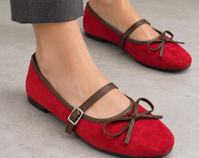 Mary Jane Flats in Burgundy, Suede-Look with Bow Detail and Buckle Strap