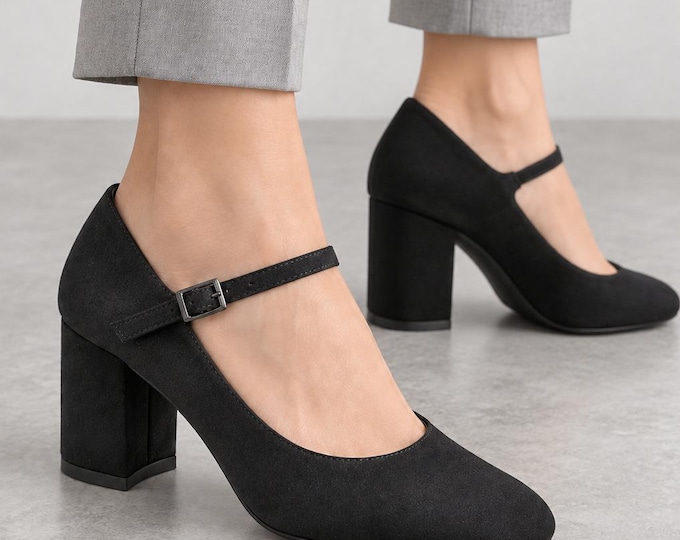 Mary Jane Block Heels in Black, Faux Suede, Square Toe