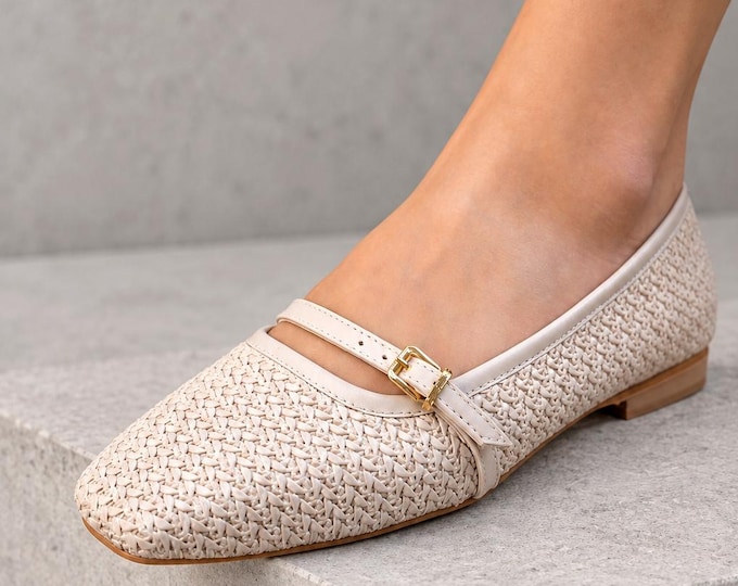 Woven Mary Jane Flats in Nude, Square Toe with Adjustable Buckle Strap