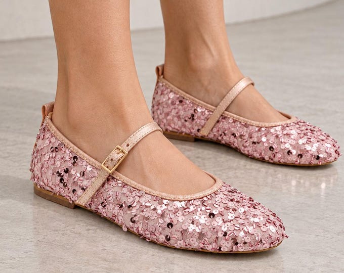 Sequin Mary Jane Flats in Pink with Adjustable Buckle Strap