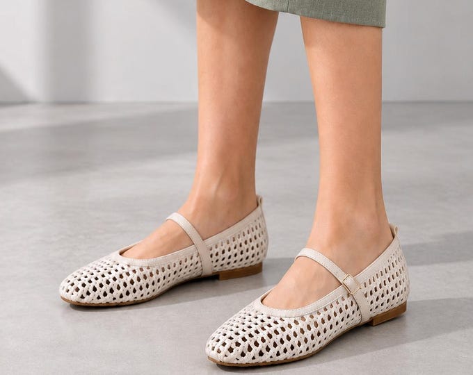 Woven Mary Jane Flats in Ecru with an Adjustable Buckle Strap