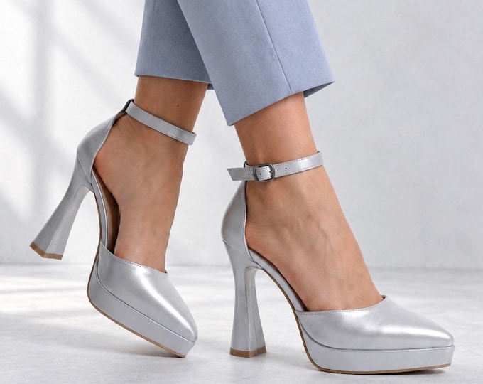 Satin Bridal Heels in Silver, Pointed Toe Platform Pumps with Ankle Strap