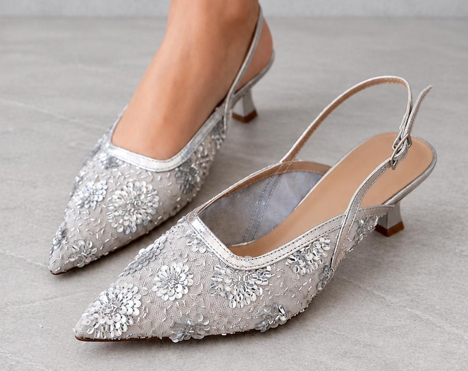 Pointed Toe Evening Shoes in Silver with Floral Beading and Adjustable Slingback Straps