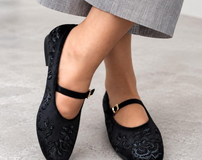 Embroidered Mary Jane Flats in Black Velvet with a Buckle Strap