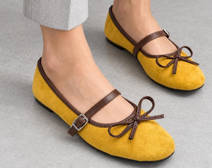 Mary Jane Flats in Light Khaki, Suede-Look with Bow Detail and Buckle Strap
