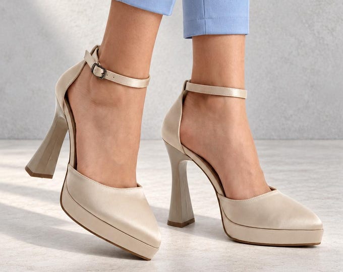 Satin Bridal Heels in Beige, Pointed Toe Platform Pumps with Ankle Strap