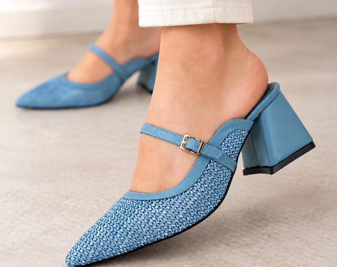Mary Jane Mules in Blue, Woven Detail and 7 cm Block Heels