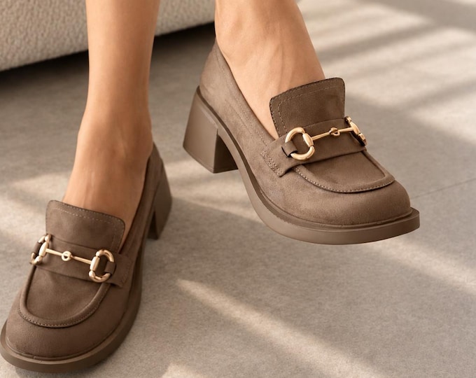 Office Loafers in Mink Suede with a Round Toe and Block Heel