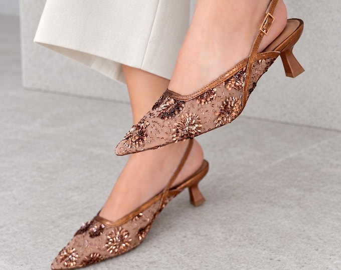 Pointed Toe Evening Shoes in Bronze with Floral Beading and Adjustable Slingback Straps