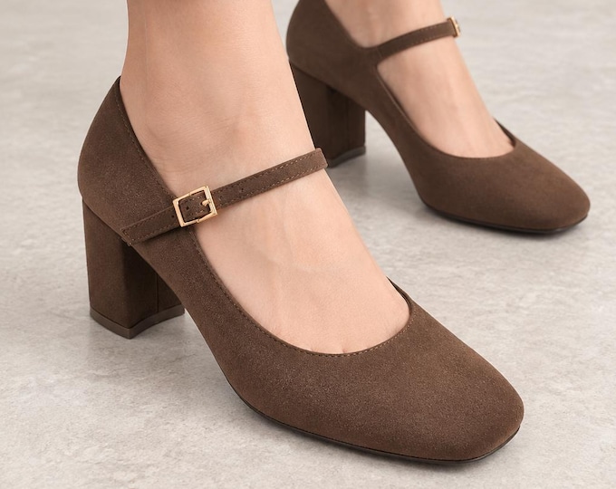 Mary Jane Block Heels in Brown, Faux Suede, Square Toe