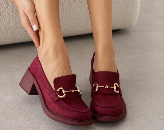 Office Loafers in Burgundy Suede with a Round Toe and Block Heel