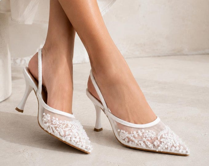 Women Beaded Embroidered High Heel Bridal Wedding Shoes Elegant White Detailed Bride Heels