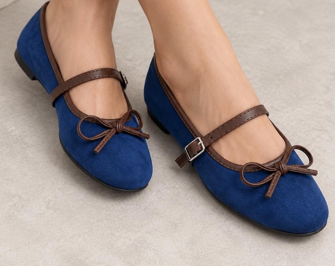 Mary Jane Flats in Navy Blue, Suede-Look with Bow Detail and Buckle Strap