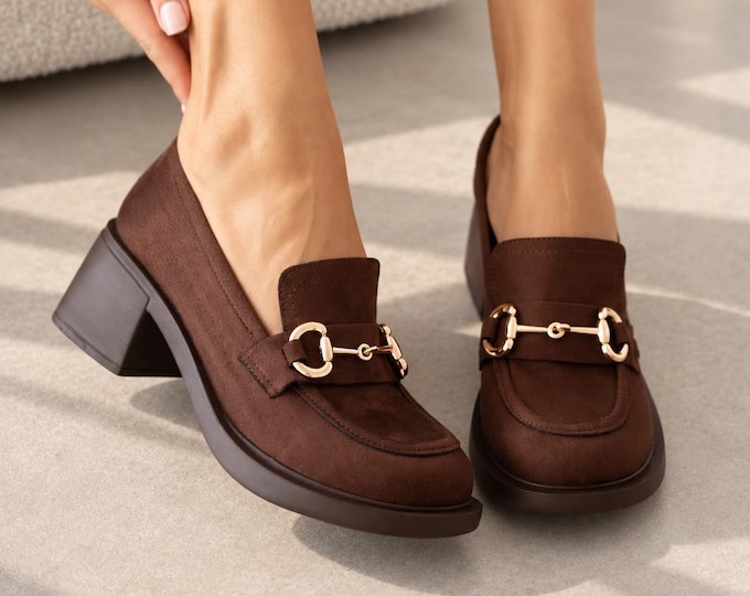 Office Loafers in Brown Suede with a Round Toe and Block Heel