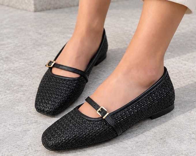 Woven Mary Jane Flats in Black, Square Toe with Adjustable Buckle Strap