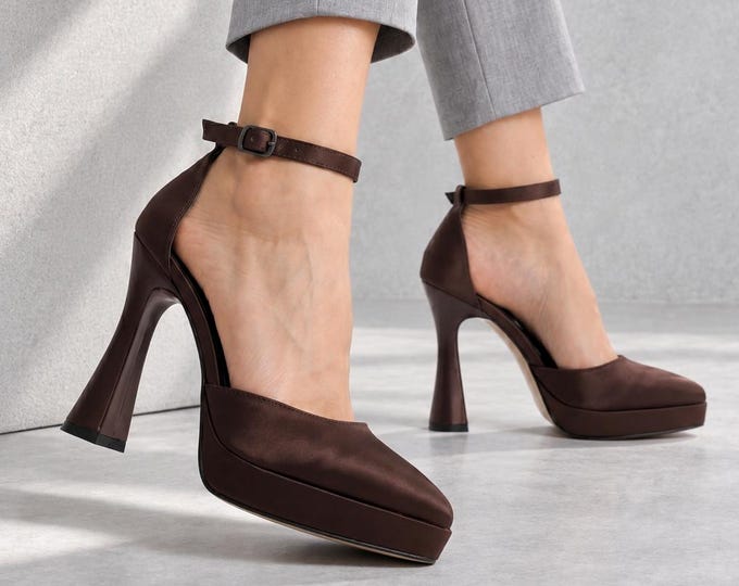 Satin Bridal Heels in Bitter Brown, Pointed Toe Platform Pumps with Ankle Strap