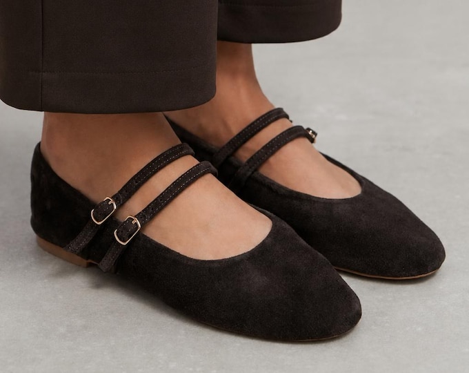 Brown Double Strap Mary Jane Flats, Genuine Suede Leather Shoes, Low Heel Ballet Flats, Vintage Retro Women Pumps,