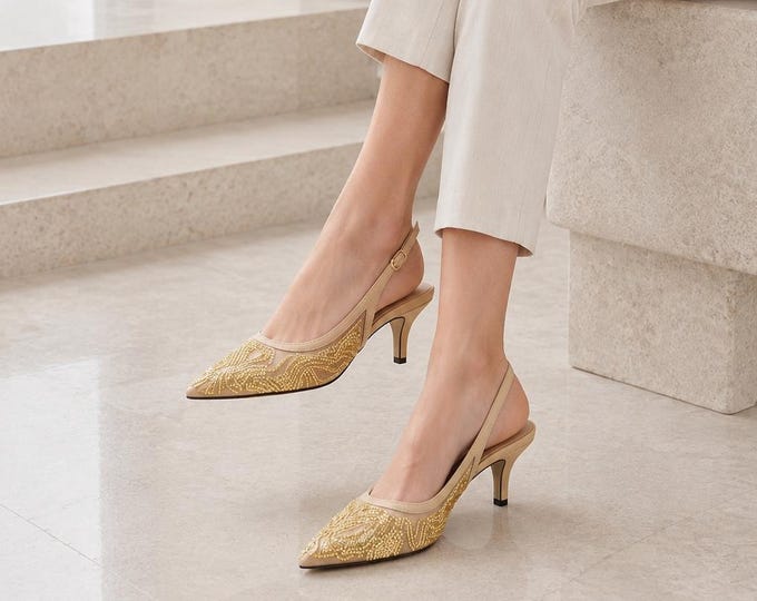 Sparkly Gold Beaded Slingback Heels - Embroidered Mesh Pumps for Wedding, Party - Comfy Kitten Heel Stilettos