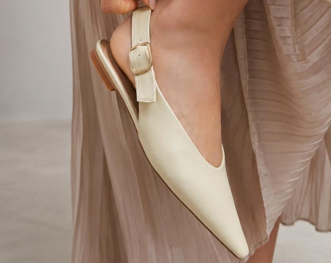 Butter yellow Pointed Toe Slingback Flats with Buckle Strap, Minimalist Matte Dress Shoes, Low Heel Ballet Flats, True to Size Work Shoes