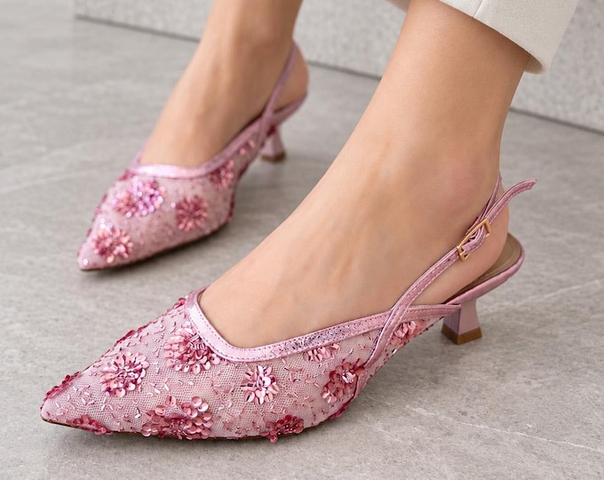 Pointed Toe Evening Shoes in Pink with Floral Beading and Adjustable Slingback Straps