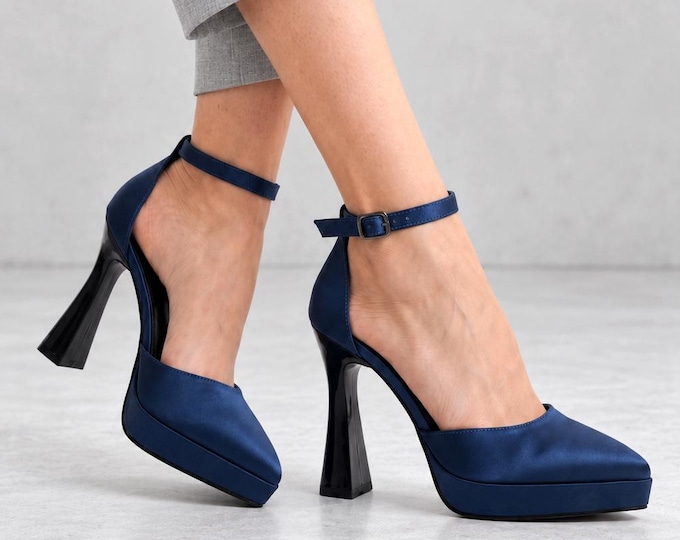 Satin Bridal Heels in Navy blue, Pointed Toe Platform Pumps with Ankle Strap