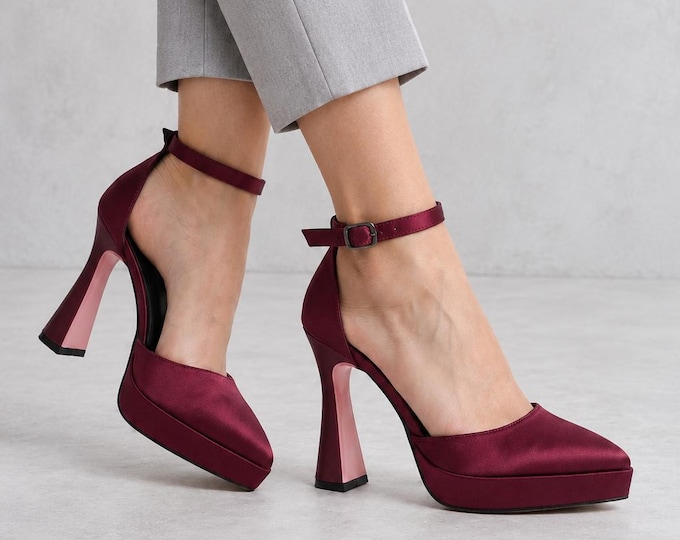 Satin Bridal Heels in Burgundy, Pointed Toe Platform Pumps with Ankle Strap