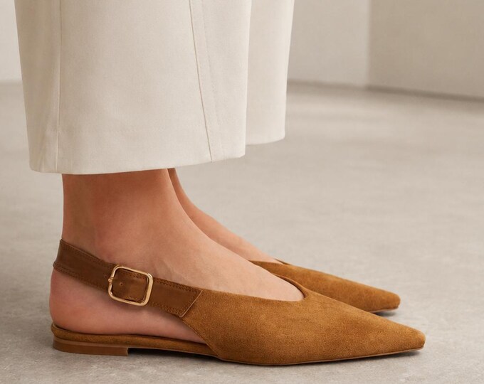 Tan Suede Pointed Toe Slingback Flats with Buckle Detail