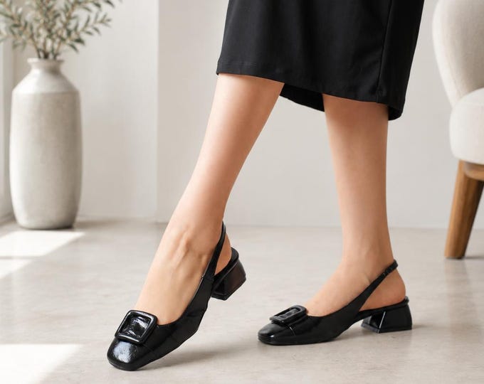 Black Vegan Leather Square Toe Slingback Heels – Block Heel Buckle Pumps