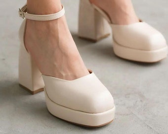 Handmade Wedding Heels | Custom Bridal Shoes with Comfortable Block Heel & Something Blue Detail | Ivory Satin/Silk Vintage-Inspired Pumps