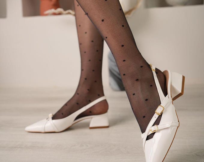 Handmade White Mary Jane Shoes: Pointed Toe Chunky Heel