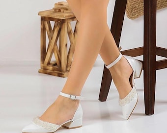 Boho Wedding Shoes Handmade | Embroidered Lace Bridal Heels with Block Heel & Something Blue Sole | Ivory Silk Vintage-Inspired