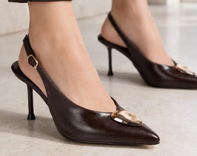 Brown Slingback Pointed Toe Pumps, 8cm Stiletto High Heels with Gold Accent, Elegant Formal Evening Shoes, Gift for Her