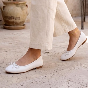 White Vegan Leather Ballet Flats, Round Toe Bow Ballerina Shoes, Slip On Casual Dress