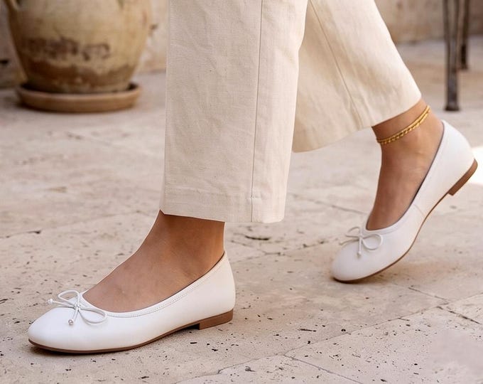 White Vegan Leather Ballet Flats, Round Toe Bow Ballerina Shoes, Slip On Casual Dress