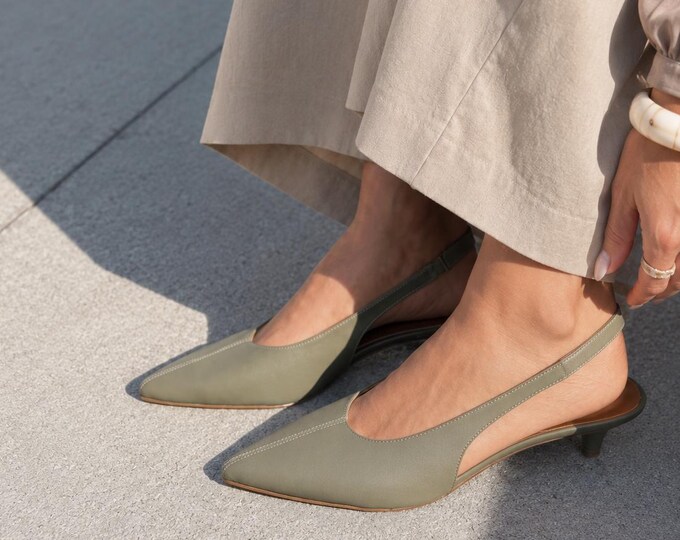 Handmade Green Leather Slingback Kitten Heels, Pointed Toe Low Heel Pumps