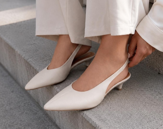 Handmade Beige Slingback Kitten Heels, Pointed Toe Faux Leather Dress Shoes